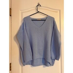 Nais V-Neck Sweater Women's XL Blue Mohair Wool Blend Made in Italy Quiet Luxury